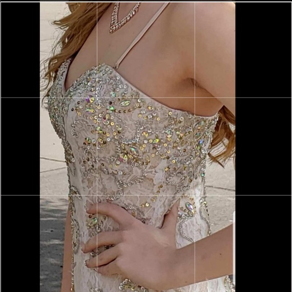 NUDE AND WHITE LACE PROM DRESS WITH BEADING - Picture 2 of 7